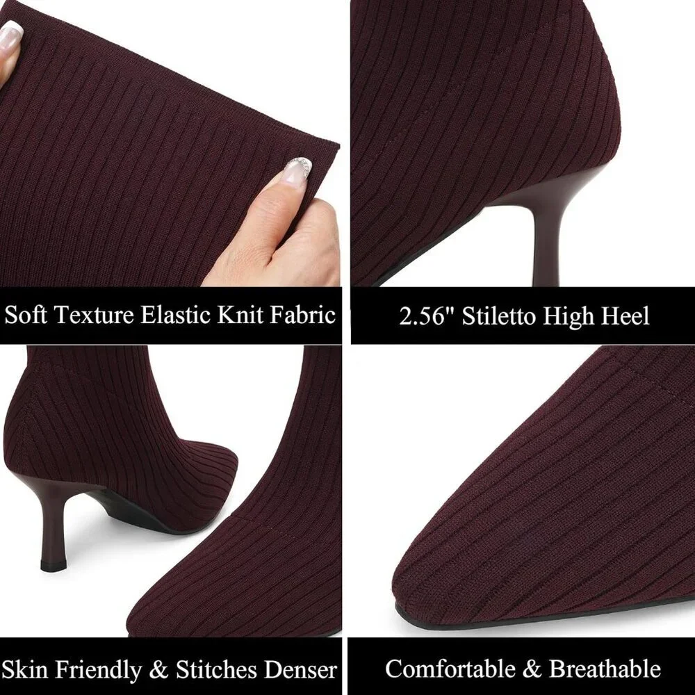Women's Claret Thigh High Socks Pointed Toe Over-the- Knee High Heel Boots